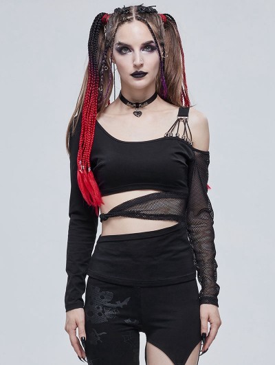 Devil Fashion Black Sexy Gothic Punk Off-the-Shoulder Long Sleeve Short T-Shirt for Women