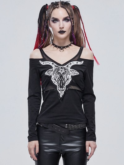 Devil Fashion Black Gothic Punk Patterned Off-the-Shoulder Long Sleeve T-Shirt for Women