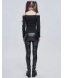 Devil Fashion Black Gothic Punk Patterned Off-the-Shoulder Long Sleeve T-Shirt for Women