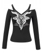 Devil Fashion Black Gothic Punk Patterned Off-the-Shoulder Long Sleeve T-Shirt for Women