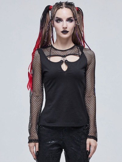 Devil Fashion Black Gothic Punk Hollow-Out Long Sleeve T-Shirt for Women