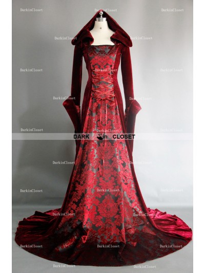 Red Velvet Gothic Vampire Hooded Medieval Dress