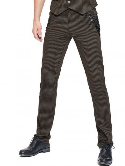 Pentagramme Brown Striped Steampunk Long Slim Pants for Men