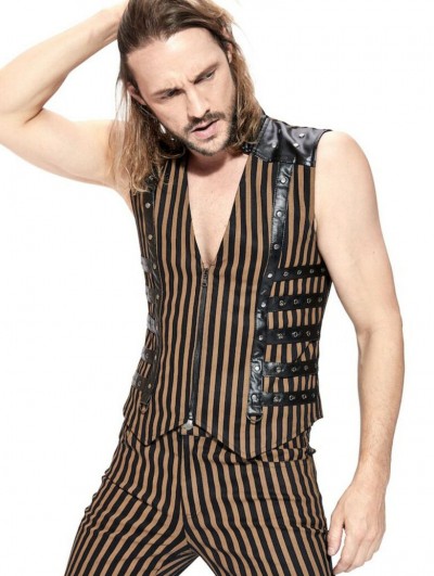 Pentagramme Coffee Striped Steampunk Zipper Vest Top For Men