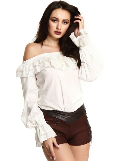 Pentagramme White Steampunk Off-the-Shoulder Long Sleeve Blouse for Women