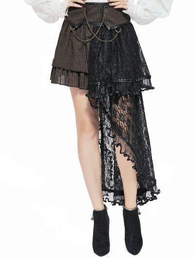 Pentagramme Brown Steampunk Striped Lace Asymmetrical Skirt