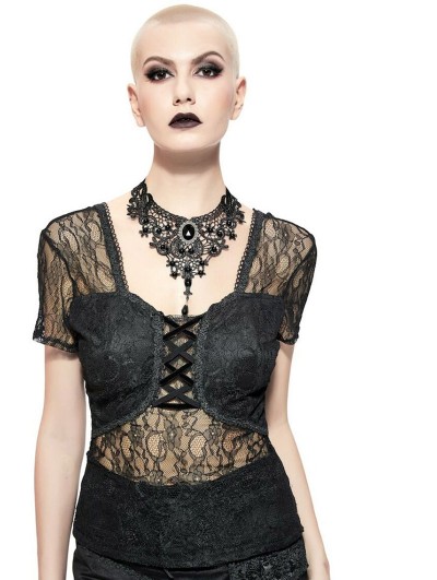 Pentagramme Black Gothic Sexy Lace Short Sleeve Shirt for Women