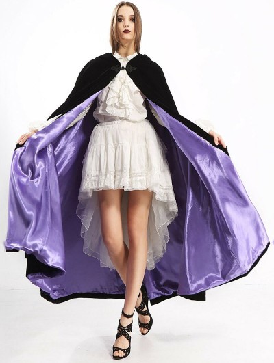 Pentagramme Black and Purple Long Gothic Velvet Hooded Long Cape For Women