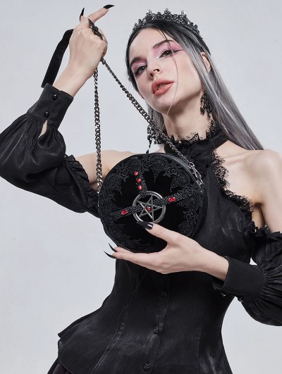 Devil Fashion Black Gothic Lace Pentagram Round Chain Shoulder Bag