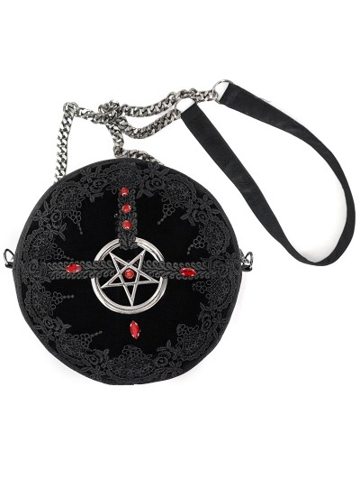 Devil Fashion Black Gothic Lace Pentagram Round Chain Shoulder Bag