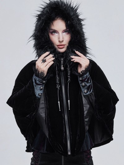 Devil Fashion Black Gothic Faux Fur Winter Warm Hooded Short Cape Coat for Women