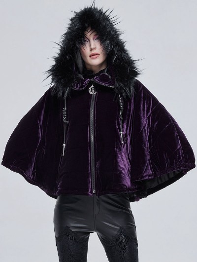 Devil Fashion Purple Gothic Faux Fur Winter Warm Hooded Short Cape Coat for Women