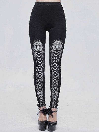 Devil Fashion Black and White Gothic Patterned Long Legging for Women