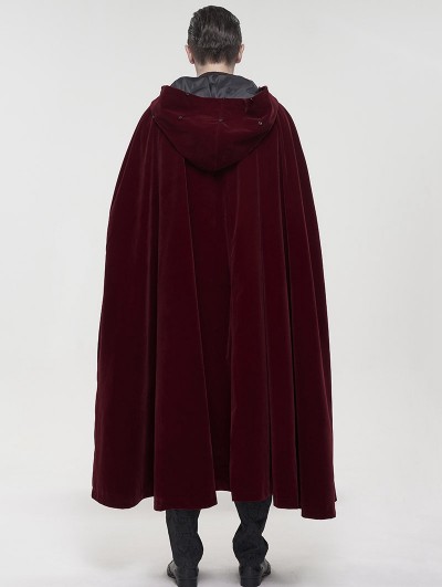 Devil Fashion Red Gothic Winter Warm Long Hooded Faux Fur Cloak for Men DarkinCloset