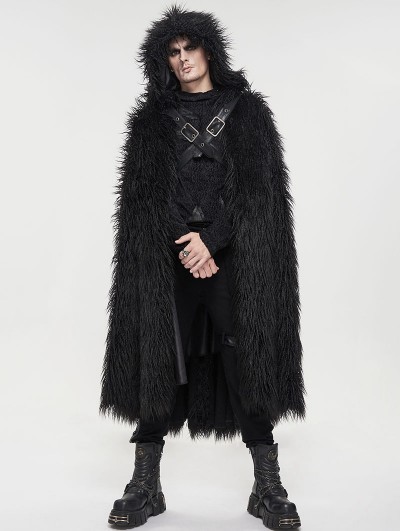 Devil Fashion Black Gothic Punk Winter Warm Faux Fur Long Hooded Cape for Men