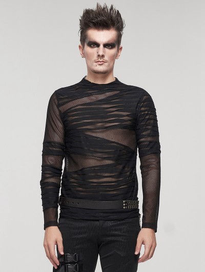 Devil Fashion Black Gothic Punk Transparent Net Long Sleeve T-Shirt for Men