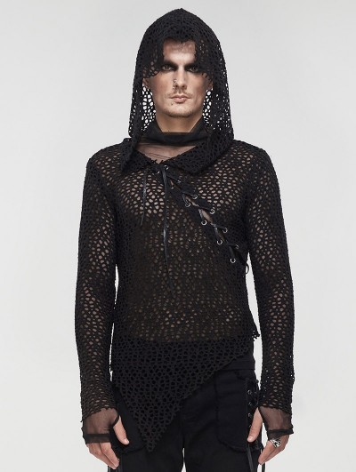 Devil Fashion Black Gothic Punk Irregular Hooded Net T-Shirt for Men