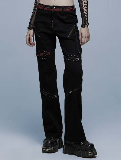 Punk Rave Black and Red Stylish Gothic Punk Grunge Straight Pants for Women