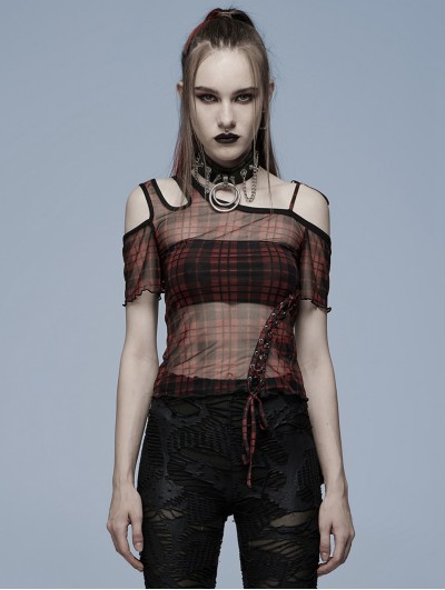 Punk Rave Organe Gothic Grunge Daily Wear plaid Mesh T-Shirt for Women