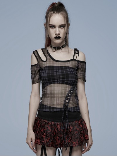 Punk Rave Black Gothic Grunge Daily Wear plaid Mesh T-Shirt for Women