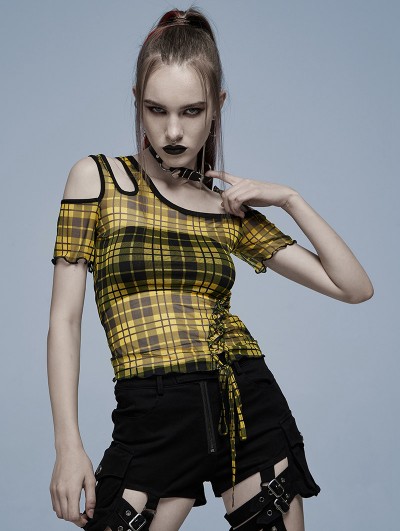 Punk Rave Yellow Gothic Grunge Daily Wear plaid Mesh T-Shirt for Women