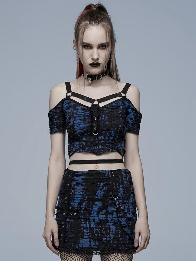 Punk Rave Blue Gothic Grunge Punk Knitted Sexy Short T-Shirt for Women