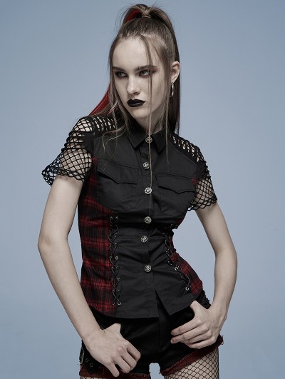 Punk Rave Black and Red Gothic Punk Plaid Short Sleeve Shirt for Women