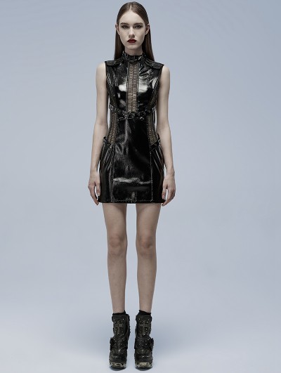 Punk Rave Black Sexy Gothic Patent Leather hollow-out Sleeveless Short Dress
