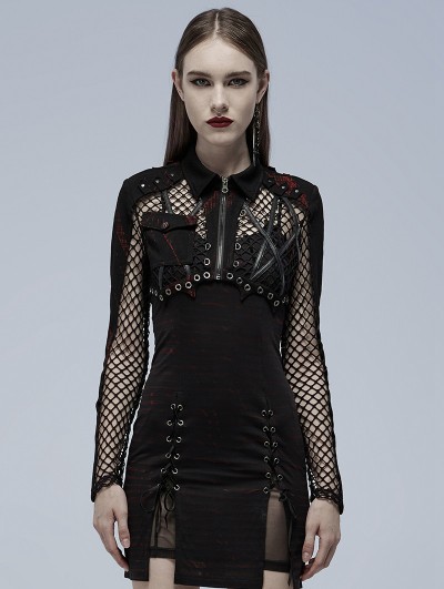 Punk Rave Black and Red Gothic Punk Mesh Bat Short Jacket for Women