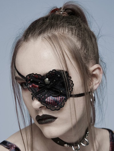 Punk Rave Red and Black Plaid Gothic Heart Eye Mask