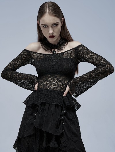 Punk Rave Black Gothic Off-the-Shoulder Sexy Perspective Lace Shirt for Women
