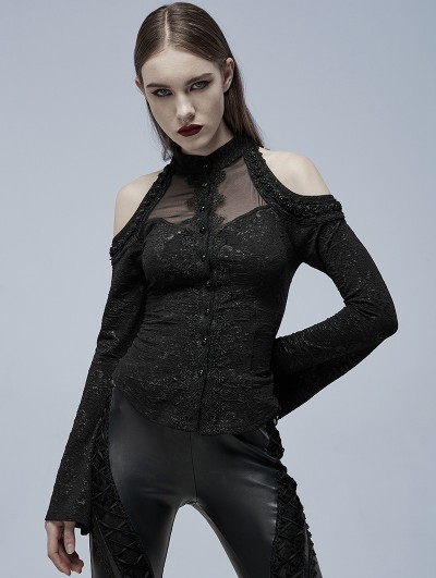 Punk Rave Black Elegant Gothic Off-the-Shoulder Long Sleeve Shirt for Women