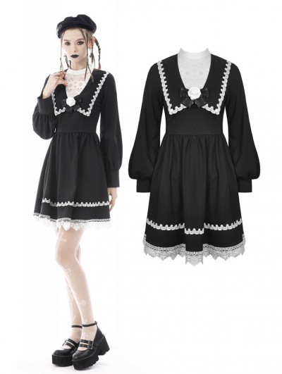 Dark in Love Black and White Cute Gothic Rose Doll Short Dress