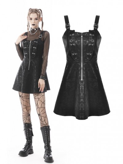 Dark in Love Black Gothic Punk PU Leather Daily Wear Short Strap Dress