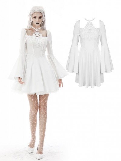 Dark in Love White Gothic Magic Princess Square Neck Flower Halter Long Trumpet Sleeve Dress