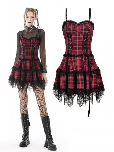 Dark in Love Black and Red Gothic Grunge Plaid Layered Mini Strap Dress