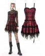 Dark in Love Black and Red Gothic Grunge Plaid Layered Mini Strap Dress