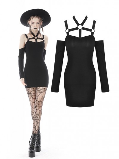 Dark in Love Black Gothic Punk Off-the-Shoulder Long Sleeve Sexy Slim Mini Dress