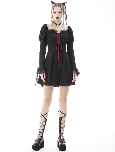 Dark in Love Black and Red Gothic Heart Lace Long Sleeve Short Dress
