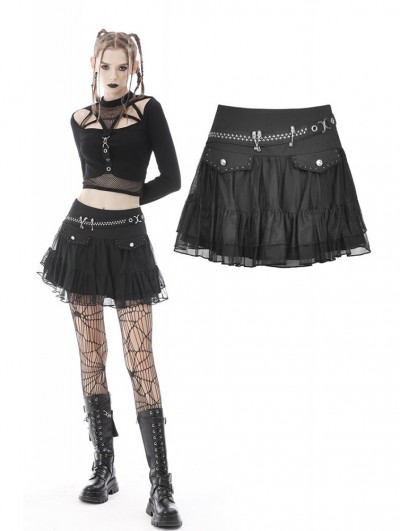 Dark in Love Black Gothic Punk Mesh Flap Mini Skirt