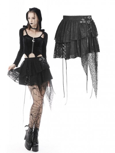 Dark in Love Black Gothic Punk Lace Irregular Net Mini Skirt