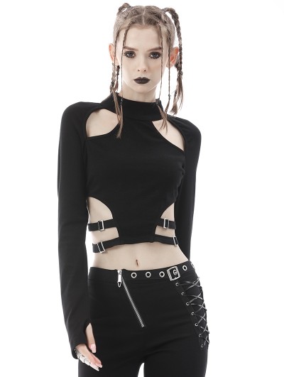 Dark in Love Black Gothic Punk Rebel Sexy Long Sleeve Crop Top for Women