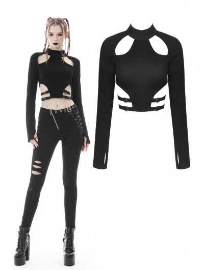 Dark in Love Black Gothic Punk Rebel Sexy Long Sleeve Crop Top for Women