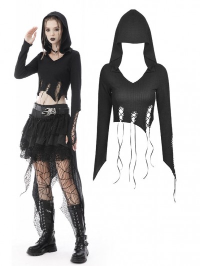 Dark in Love Black Gothic Punk Irregular Sexy Rope Long Sleeve Hooded T-Shirt for Women