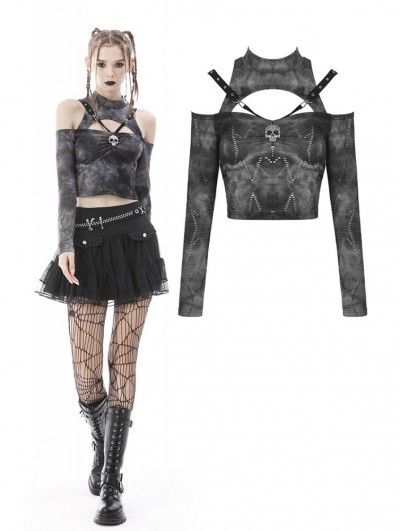 Dark in Love Dark Gray Gothic Punk Off-the-Shoulder Skull Long Sleeve T-Shirt for Women
