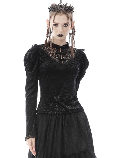 Dark in Love Black Gothic Retro Velvet Embossed Long Puff Sleeve Top for Women