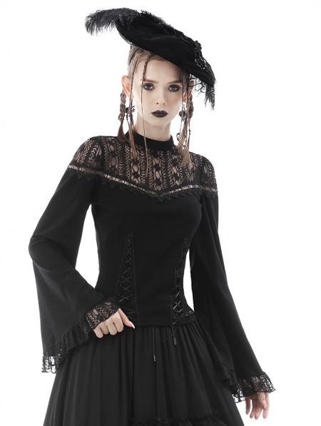 Dark in Love Black Gothic Elegant Lace Shoulder Long Bell Sleeve Top ...