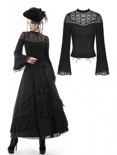 Dark in Love Black Gothic Elegant Lace Shoulder Long Bell Sleeve Top for Women