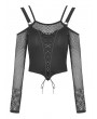 Dark in Love Black Gothic Punk Off-the-Shoulder Sexy Net Short T-Shirt for Women