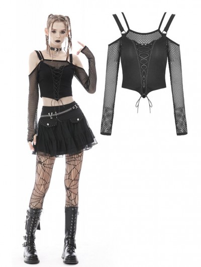 Dark in Love Black Gothic Punk Off-the-Shoulder Sexy Net Short T-Shirt for Women